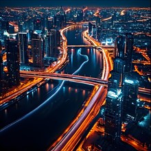 Aerial view capturing the sprawling network of streets and vehicles in a mega city at night, AI