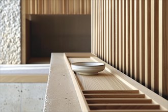 A minimalist interior with clean lines, natural lighting, and a single bowl on a wooden surface, AI