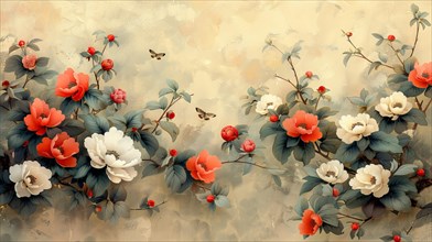 Serene art of red and white flowers with painted leaves and berries in soft tones, ai generated, AI