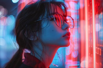 Tech-savvy woman with glasses reflecting blue and red neon lights in a nocturnal setting, AI