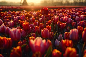 Golden hour light washes over a field of tulips, creating a warm, tranquil scene, AI generated