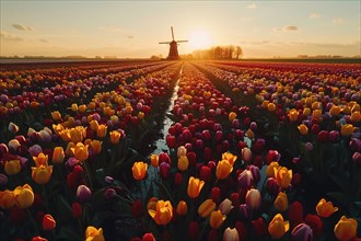 Colorful tulip field with a windmill in the background at sunset, AI generated