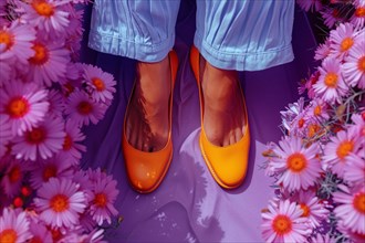 Looking down at feet in vibrant orange shoes surrounded by purple flowers, AI generated