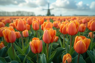 Orange tulip field with a traditional Dutch windmill in the distance, AI generated