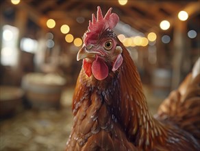 A curious chicken tilting its head inside a rustic barn, AI generiert, AI generated