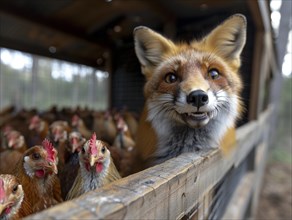 Fox sticks his head into a chicken coop with lots of chickens in the background, AI generated, AI