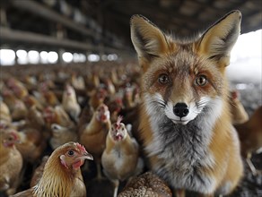 Calm fox stands in front of interested chickens in the barn, AI generated, AI generated
