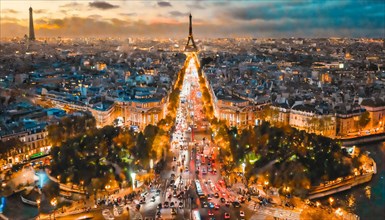Twilight cityscape of Paris with the illuminated Eiffel Tower and lively streets, rush hour