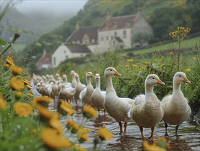 A row of geese in a flowering field with a foggy village in the background, AI generated, AI