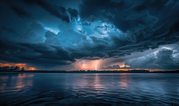 A summer thunderstorm brewing over the lake AI generated