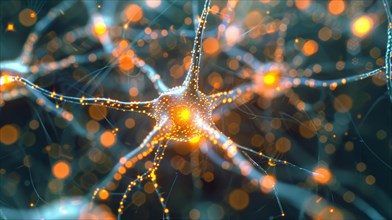 Digital render of a glowing neuron with complex synapse connections in orange tones, ai generated,