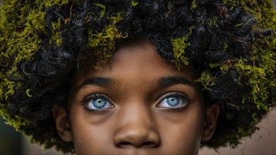 Close-up of a child with intense blue eyes and afro hair embedded with green moss growing and