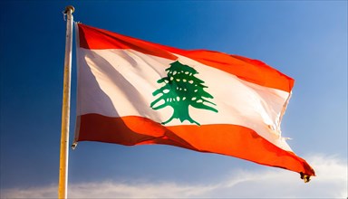 Flags, the national flag of Lebanon flutters in the wind
