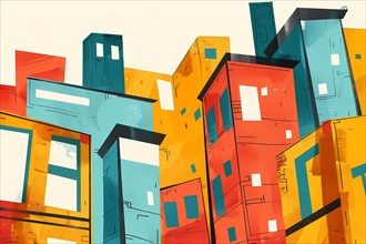 Vibrant abstract geometric cityscape with colorful stylized buildings conveying an energetic urban