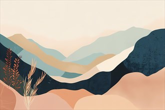 Abstract nature scene with stylized hills in warm and cool gradient hues, illustration, AI