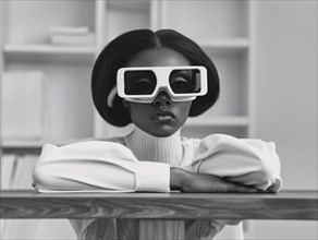 A child rests their chin on hands, donning oversized futurist goggles in a black and white setting,