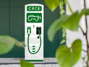 Realistic view of an electric car charger in an urban setting with plant leaves, illustration, AI