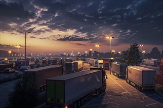 Many trucks in international long-distance traffic park at night, on weekends and over the holidays