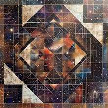 Complex cosmic mosaic with abstract geometric forms blending space imagery AI generated
