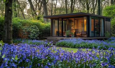 A serene modern wooden cabin surrounded by a lush carpet of bluebells and forget-me-nots in a