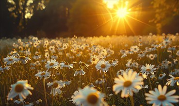 Chamomile field at golden hour, spring nature background AI generated