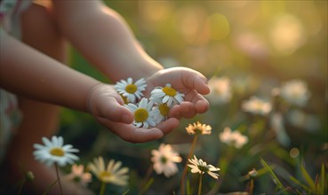 Daisy flowers in a child's hand, spring nature AI generated