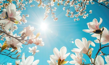 White magnolia tree branches laden with blossoms against a bright blue sky AI generated