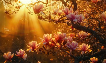 Magnolia tree in full bloom under the golden light of sunrise AI generated