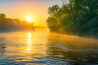 A breathtaking view of a golden sunrise illuminating the mist above a calm river, surrounded by