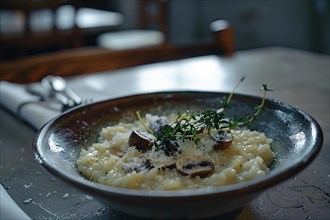 Cozy gourmet dish featuring creamy risotto with mushrooms and a sprinkle of thyme, AI generated