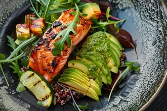 Grilled salmon with quinoa and avocado slices served on a stylish black plate garnished with