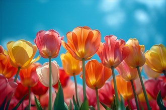 Vivid pink and orange tulips bloom under bright blue sky with bokeh effect, AI generated