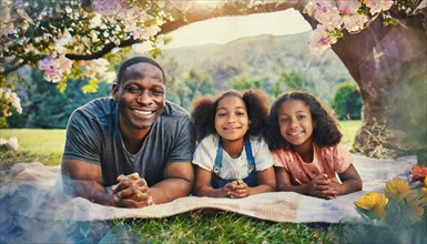 A father and his daughters smiling on a picnic blanket in a park, AI generated