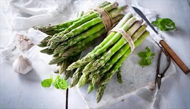 Green asparagus next to garlic and fresh basil on a light-coloured work surface, AI generated, AI
