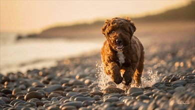 Happy dog running in a curved path on a pebbled beach during golden hour, AI generated
