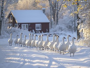 Swans walking in a row on a snowy path with an idyllic red house, AI generated, AI generated, AI