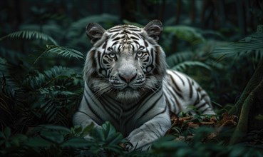 White tiger in green lush closeup portrait AI generated
