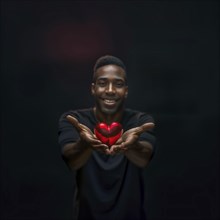 Smiling man with dark skin colour holds a red heart in his hands, surrounded by darkness, AI