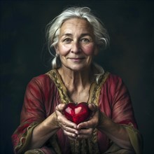 Portrait of a charming older woman with a smile holding a heart, AI generated