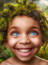 Child with enchanting smile and blue eyes, wearing a nature-inspired greenery headpiece in the