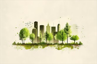 Watercolor cityscape with green trees and reflections, symbolizing an eco-friendly city,