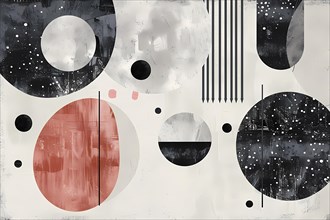 An abstract composition with polka dots and geometric elements in red, black, and white,
