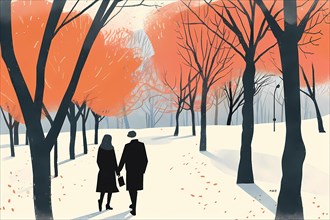 Artistic illustration of a couple walking among red trees on a snowy path, illustration, AI