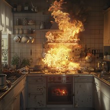 Significant fire in a kitchen with intense flames coming from the oven door, AI generated