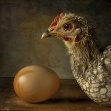 A portrait of a young chick next to an egg with visible plumage, KI generated, AI generated