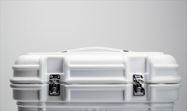 Minimalistic view of a closed white hard shell suitcase against a white backdrop AI generated