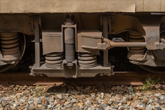 Undercarriage of a train showing wheels, suspension coils and other mechanical parts, in South