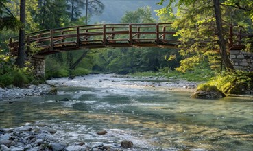 A rustic wooden bridge spanning over a crystal-clear spring river AI generated