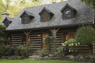 White chinked log cabin home facade with grey weathered cedar shingles roof, three dormer windows