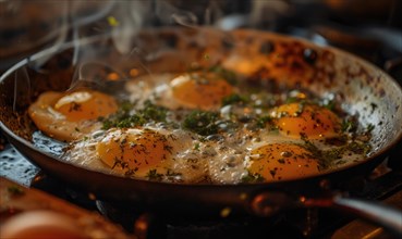 Eggs frying in a sizzling pan, close up AI generated